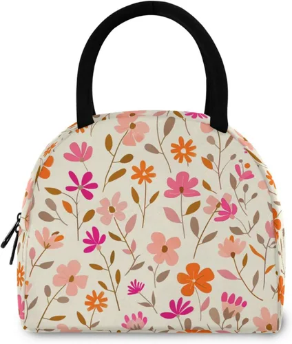 Vista 3 de Pequeñas flores patrón de follaje rosa naranja beige claro portátil lonchera mujeres aisladas bolsas de almuerzo para mujeres para camping bolsos