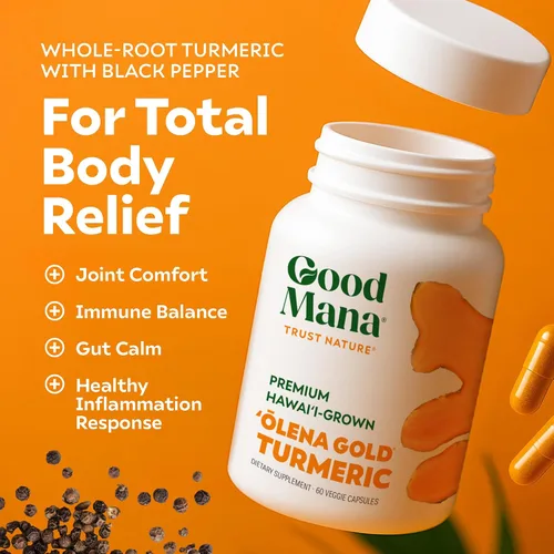 Vista 5 de Good Mana Olena Gold Suplemento de cúrcuma cultivada en Hawái, curcumina de cúrcuma orgánica con pimienta negra, apoyo articular y alivio