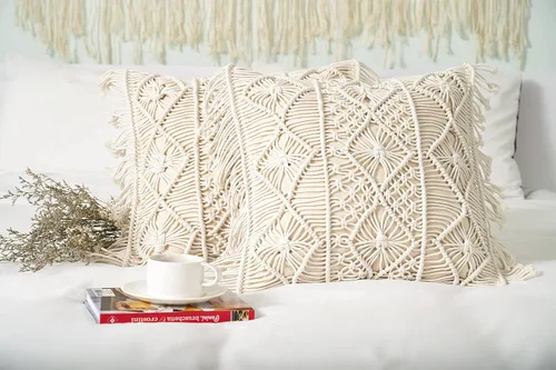 Vista 3 de Juego de 2 fundas de almohada de macramé, 100% algodón, decorativas, con flecos, decoración bohemia para el hogar