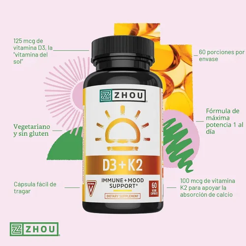 Vista 4 de Zhou D3+K2 - Suplemento de vitamina D3 K2 para mujeres y hombres, suplementos de apoyo inmunológico Vit D3 y K2, fórmula vegetariana pura con 5000