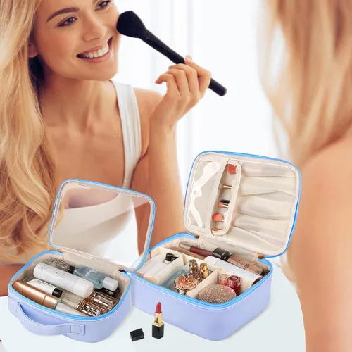 Vista 7 de Bolsa de maquillaje, 2 bolsas de cosméticos de piel sintética, estuche de maquillaje portátil de viaje, organizador de maquillaje grande con bolsa
