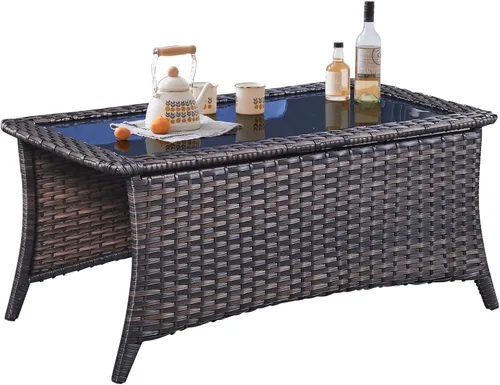 Vista 80 de Belord Mesa auxiliar pequeña para exteriores, mesa de mimbre de vidrio templado, mesa de centro impermeable para patio, mesa auxiliar de ratán