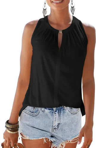 Vista 2 de SAUKOLE Camiseta sin mangas con cuello halter para mujer, con espalda cruzada, con bonito estampado, para yoga, correr, verano