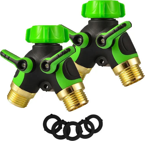 Vista 7 de Divisor de manguera de 2 vías en Y conector con cómodo agarre de goma y parte superior giratoria de 360 ° de conexión rápida para manguera de Verde