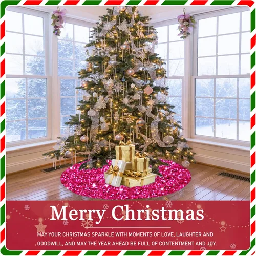 Vista 7 de FANPROMS Falda de árbol de Navidad rosa intenso con lentejuelas de 21 pulgadas, faldas de terciopelo de doble cara para árbol de Navidad de mesa