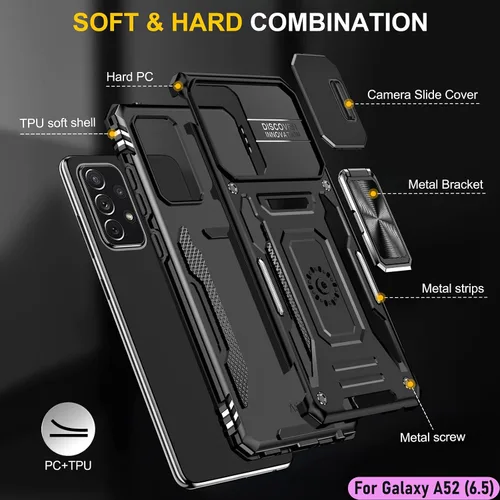 Vista 3 de Funda resistente para Samsung Galaxy A52 (5G), protector de parachoques de goma de doble capa de grado militar con protector de cámara deslizante