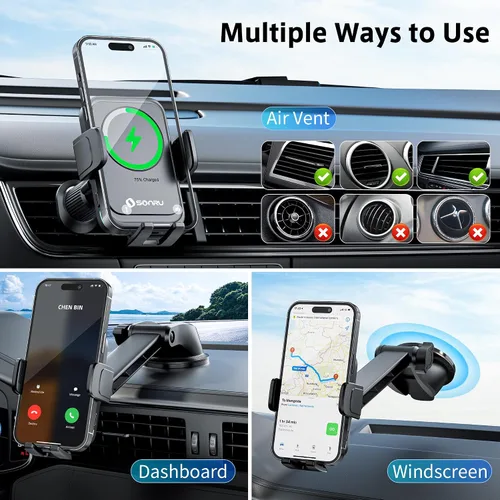 Vista 5 de SONRU Cargador inalámbrico Qi de 15 W, cargador inalámbrico de coche de carga rápida, sujeción automática, soporte de succión para salpicadero
