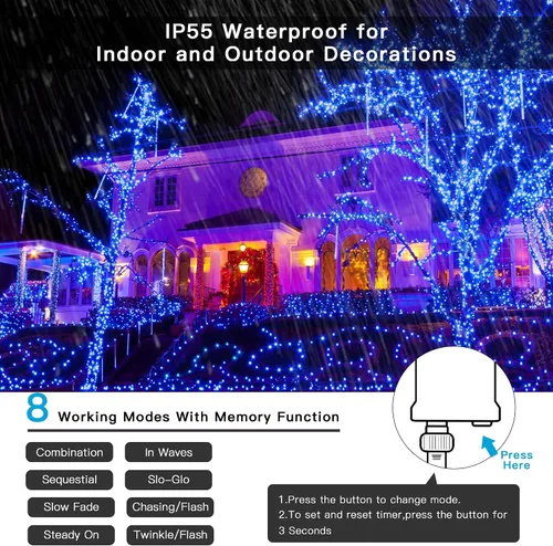 Vista 2 de AmyHomie Luces de Navidad Azules, 108 Pies 300 LED Luces de Cadena de Halloween para Exteriores Impermeables, de Extremo a Extremo Luces Decorativas