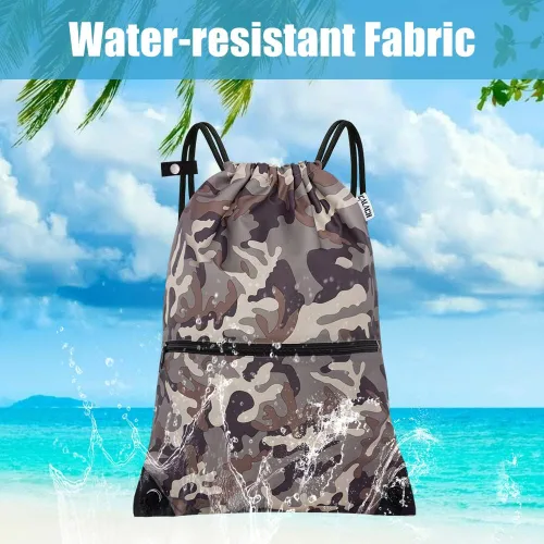 Vista 5 de CALACH Mochila deportiva con cordón, bolsa de gimnasio para yoga, viajes, para mujeres y hombres, tamaño grande con bolsillos con cremallera, MARRÓN