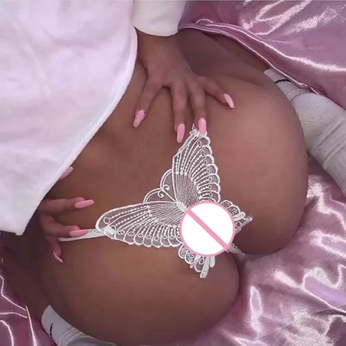 Vista 2 de Ropa interior para mujer, sin costuras, de encaje, con estampado de mariposas, cobertura trasera, tangas