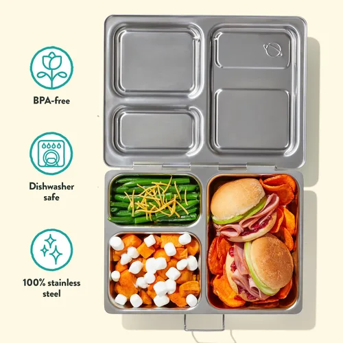 Vista 4 de PlanetBox Launch - Kit de caja de almuerzo estilo Bento de acero inoxidable para niños y adolescentes con 3 compartimentos – Edición Stardust