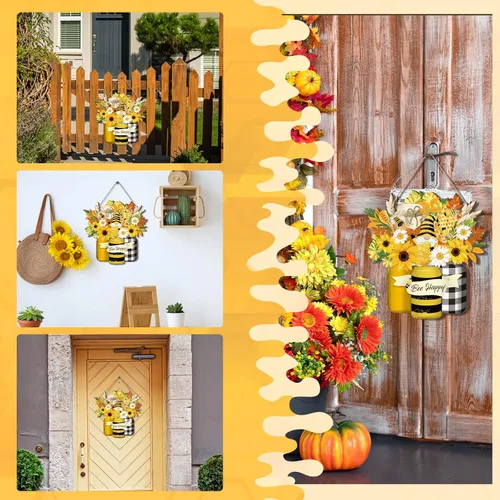 Vista 5 de Señal de bienvenida de abeja en madera, letrero de abeja amarilla, gnomo de flor de abeja, letrero de madera colgante para puerta, decoración