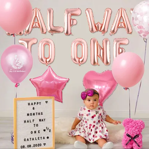 Vista 2 de Decoraciones de medio cumpleaños para niñas, pancarta de globos de medio camino a uno, globos de corazón de estrella rosa, globos de oro rosa