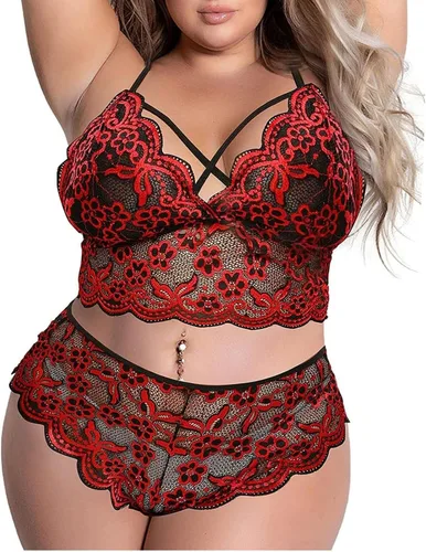 Vista 2 de Lencería sexy de encaje de talla grande para mujer, 2 piezas, brasier cruzado de cintura alta, conjunto de bragas para sexo travieso transparente