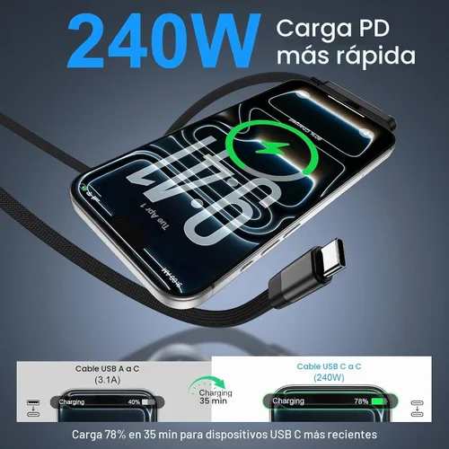 Vista 2 de Cable de carga invisible de 240 W, carga rápida USB C a USB C, cable de carga trenzado para Samsung Galaxy A17/A37/A16/A15/S26