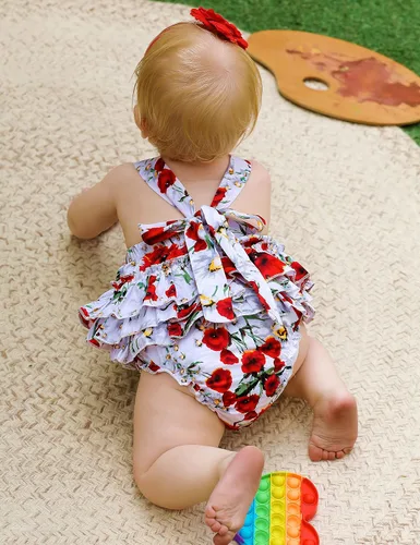 Vista 3 de Mameluco de verano con diseño floral y volantes para niña bebé, con diadema