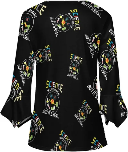 Vista 5 de Science Like Magic - Camisa de manga 3/4 con volantes para mujer, casual, cuello en V, con botones, blusa holgada