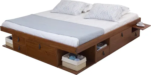 Vista 30 de Memomad Bali Set: Plataforma de almacenamiento con cajones + Cabecera con estantería (Tamaño individual, madera color marrón caramelo)