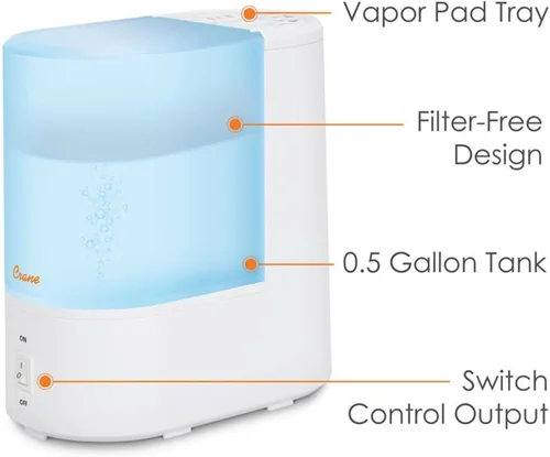 Vista 2 de Crane Humidificador de niebla cálida, humidificador pequeño para dormitorio, oficina, bandeja de almohadilla de vapor, humidificadores de niebla