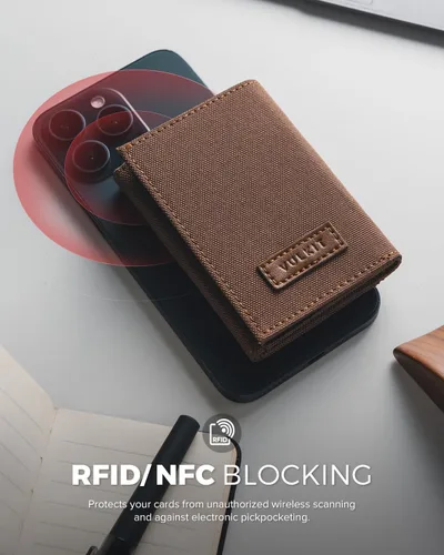 Vista 8 de VULKIT Cartera de cuero minimalista con bloqueo Rfid triple billetera delgada para tarjetas de crédito con 3 ventanas de identificación y bolsillo