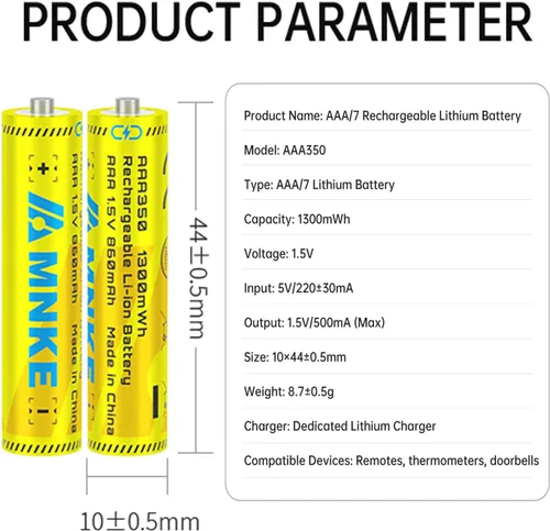 Vista 3 de 4 pilas de litio recargables AAA de 1.5 V1300 mWh, alta capacidad, más de 1000 ciclos, ciclo duradero de larga duración