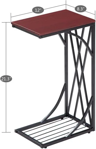 Vista 3 de Mesa auxiliar en forma de C, mesa auxiliar para sofá, mesa auxiliar para muebles de sala de estar, escritorio marrón de línea cruzada