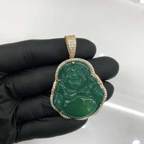 Vista 5 de Colgante de Buda sonriente de jade verde con circonita cúbica de corte redondo de oro de 10 quilates, 2.3 x 1.5in