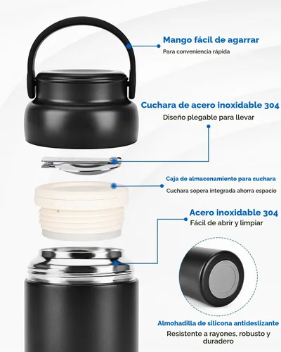Vista 4 de Termo para comida caliente, 20 onzas aisladas con cuchara, negro