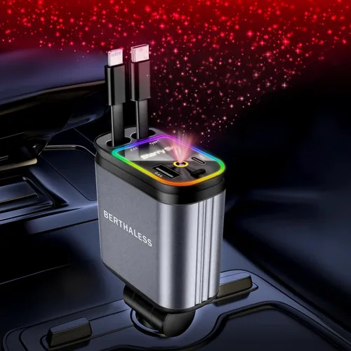 Vista 9 de BERTHALESS Cargador de coche retráctil para papá, carga rápida 4 en 1 con USB-C y USB-A, compatible con iPhone 17/16/15/14/13/12/11, Galaxy, Pixel