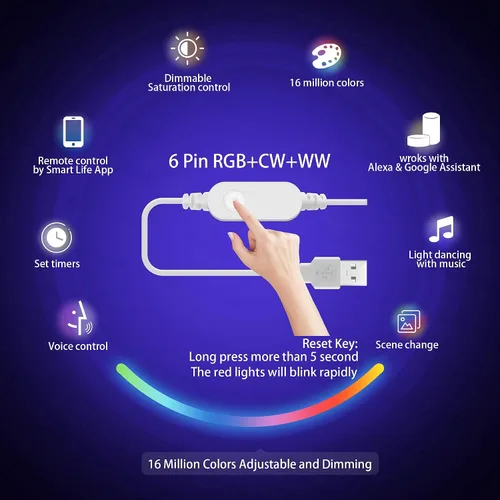 Vista 5 de GIDEALED Tira de luz LED WiFi USB RGBWW de 9.8 pies, compatible con Alexa Google Assistant, compatible con control de voz y control de aplicación