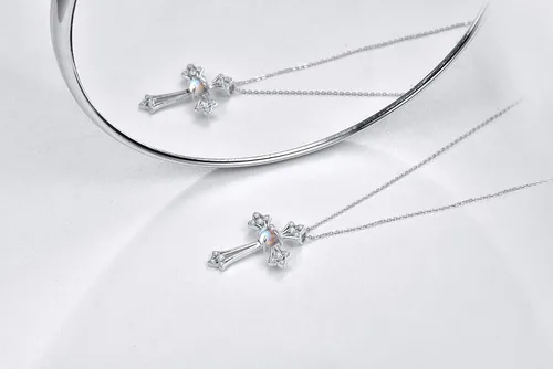 Vista 3 de PRAYMOS - Collar de plata de ley 925 con dije de cruz lateral, para mujer, ópalo sintético, cadena de 18 pulgadas y extensor ajustable de 2 pulgadas