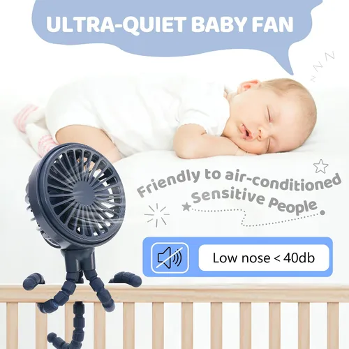 Vista 4 de LAT Ventilador de cochecito flexible con clip para trípode, ventilador portátil para asiento de coche con trípode flexible (azul marino)