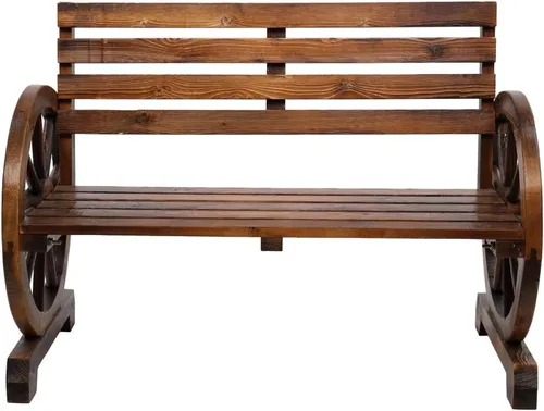 Vista 6 de Outvita Banco de ruedas de madera para carro, muebles rústicos de salón al aire libre, banco de asiento para 2 personas con respaldo y listones