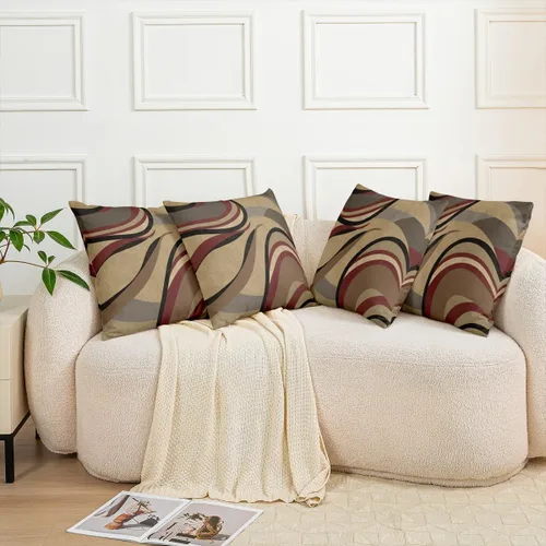 Vista 8 de Paquete de 4 fundas de almohada para exteriores, color rojo burdeos, juego de fundas de cojín geométricas cuadradas de color marrón y gris