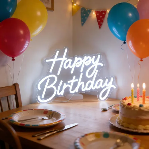 Vista 8 de Letrero de neón de feliz cumpleaños para decoración de pared, letrero con luz LED regulable Feliz cumpleaños-blanco