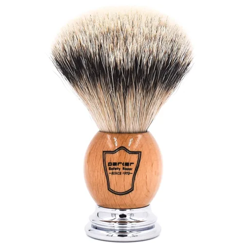 Vista 7 de Brocha de afeitar Parker Safety Razor con cerdas 100 % de pelo de tejón plata y mango de imitación de cuerno, con soporte incluido.