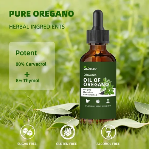 Vista 5 de Gotas de aceite de orégano orgánico Aceite de orégano con aceite de semilla negra, infundido con vitamina E, 80% Carvacrol para apoyo