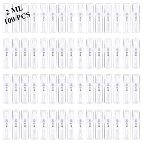 Vista 7 de Mini botellas de aerosol, 70 unidades de 0.2 fl oz, de plástico transparente, recipientes vacíos de muestra, perfume de niebla fina, botella