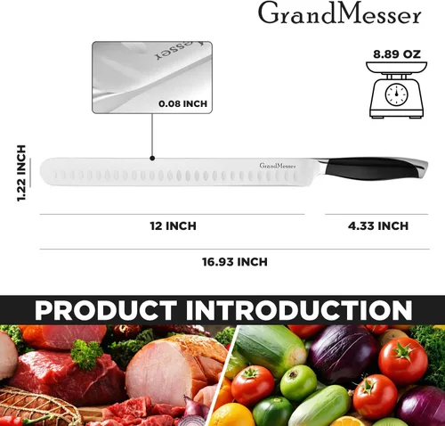 Vista 3 de Cuchillo para cortar rebanadas, cuchillo de pechuga de 12 pulgadas, diseño de mango ergonómico, para cortar barbacoa, pavo y jamón, carne asada