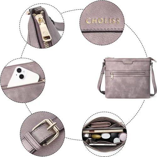 Vista 5 de CHOLISS Bolsos cruzados grandes para mujer, monederos de tamaño mediano para mujer con cuero vegano, Púrpura, Bolsos cruzados para mujer