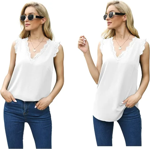 Vista 5 de VIISHOW - Camiseta sin mangas, sexy, con cuello en V y bordes de encaje para mujer, camisola de vestir, camisas de gasa, sin mangas, casuales