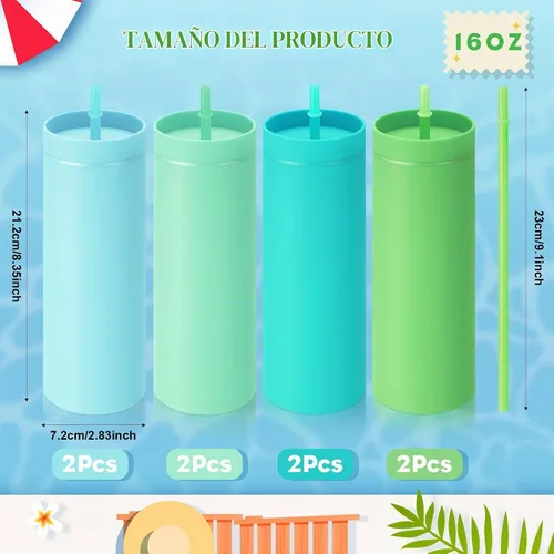 Vista 2 de Baderke - Paquete de 8 vasos delgados de 16 onzas a granel con tapa y Verde oscuro