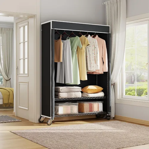 Vista 8 de Higeego H4 Plus Perchero Enrollable con Cubierta, Perchero de Ropa Resistente con Ruedas, Closet Portátil para Colgar Ropa, Organizador