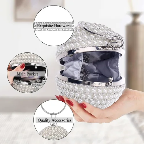 Vista 4 de Bolso de mano redondo para mujer, con diamantes de imitación, bolso de noche con cuentas de perlas