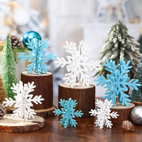 Vista 20 de Bucherry 12 piezas de decoración de mesa de copo de nieve de madera 3D con copos de nieve y centro de mesa para fiesta de congelados, Navidad