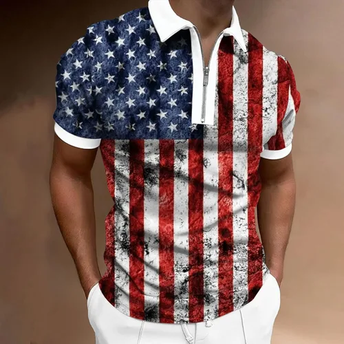 Vista 3 de Polo Shirts for Men Mens 4th of July Shirt Mens Color Block Short Sleeve Muscle Shirt Summer Casual Slim Fit Zip Up T-Shrits