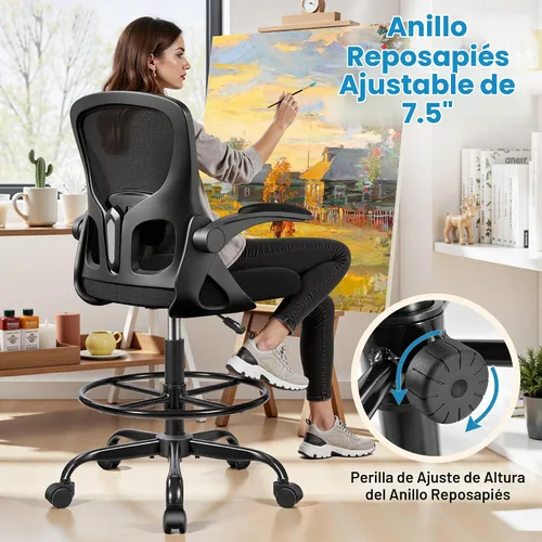 Vista 4 de Silla de dibujo alta de oficina para escritorio de pie, taburete ergonómico de trabajo para computadora con brazos abatibles, anillo de pie y Negro