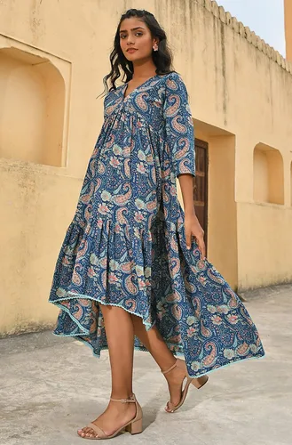 Vista 3 de Janasya Vestido indio de algodón verde azulado con estampado floral para mujer