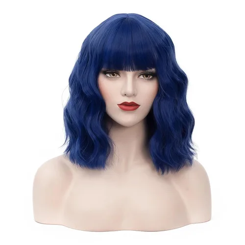 Vista 26 de BUFASHION Peluca rizada corta ondulada de 14 pulgadas para mujer, peluca sintética para cosplay, Halloween, peluca con flequillo lateral (negro)