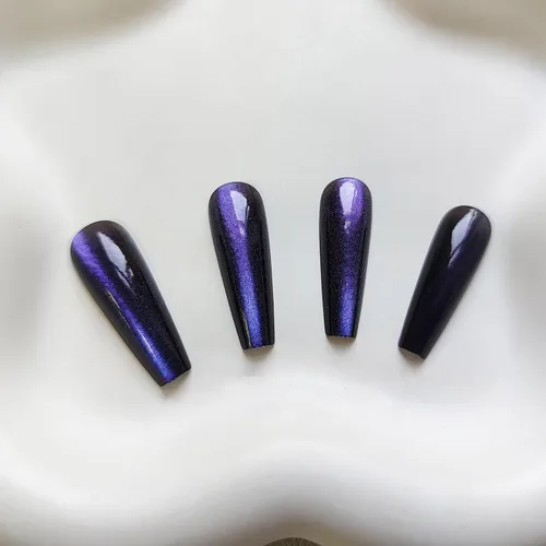Vista 2 de Uñas postizas a presión largas, con brillo azul y diseño, acabado acrílico brillante, de cobertura completa, uñas postizas reutilizables para l002